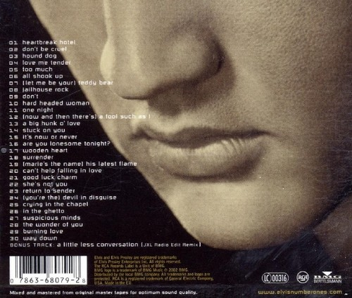 Close-up van een gezicht van een man met een lijst met Elvis Presley-nummers op de achterkant van een cd.