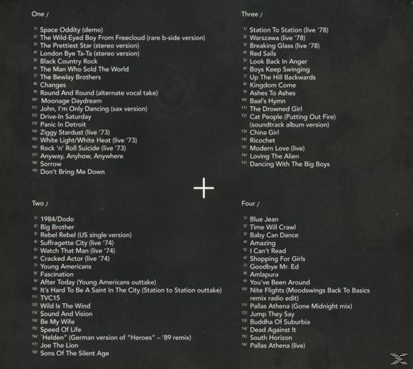 Albumcover mit Titelliste, schwarzer Hintergrund, weißer Text. Listet Songs von Space Oddity bis Don't Bring Me Down auf.