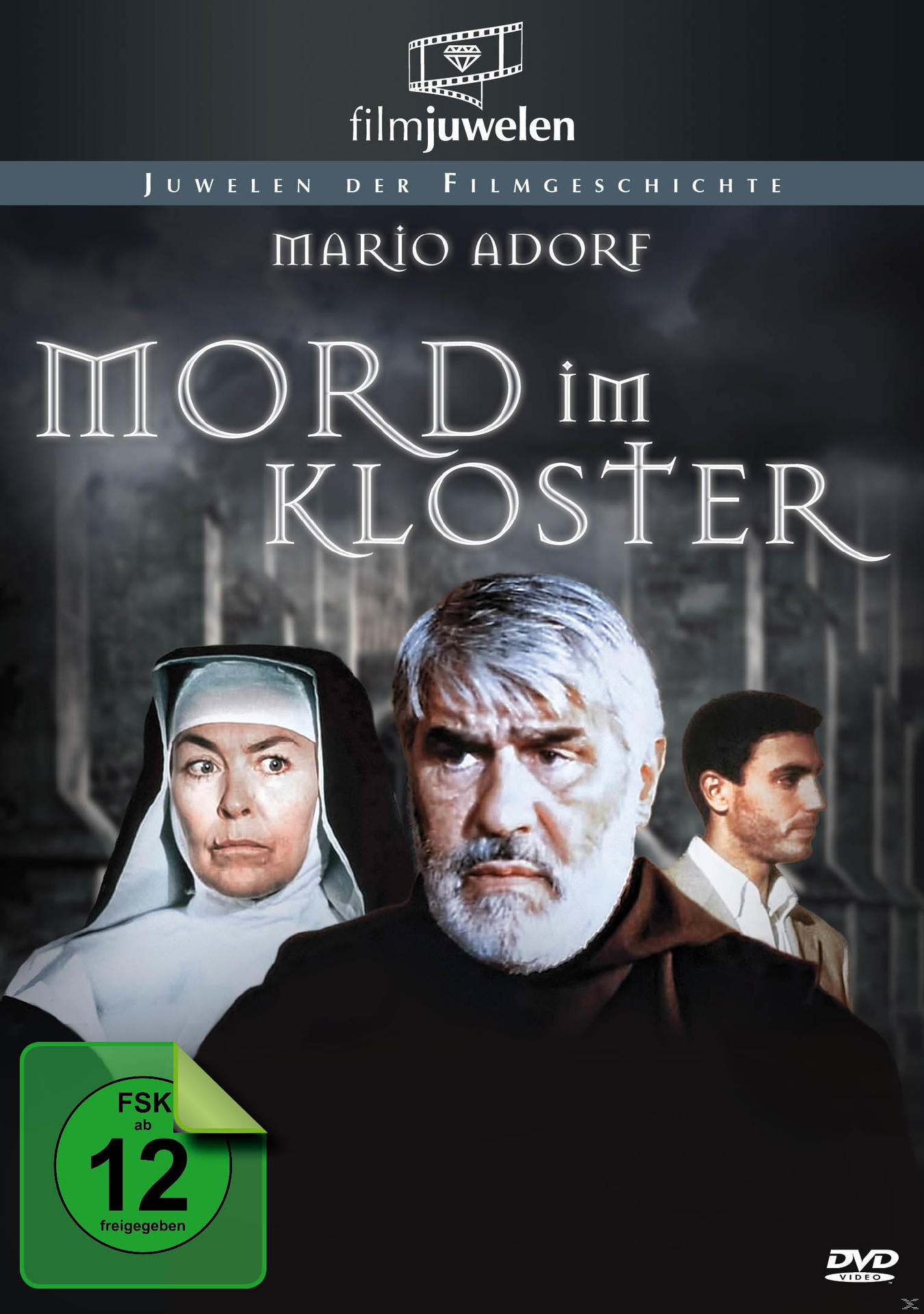 Filmplakat. Eine Nonne und zwei Männer vor einem Steingebäude. Dunkler Hintergrund, Text.