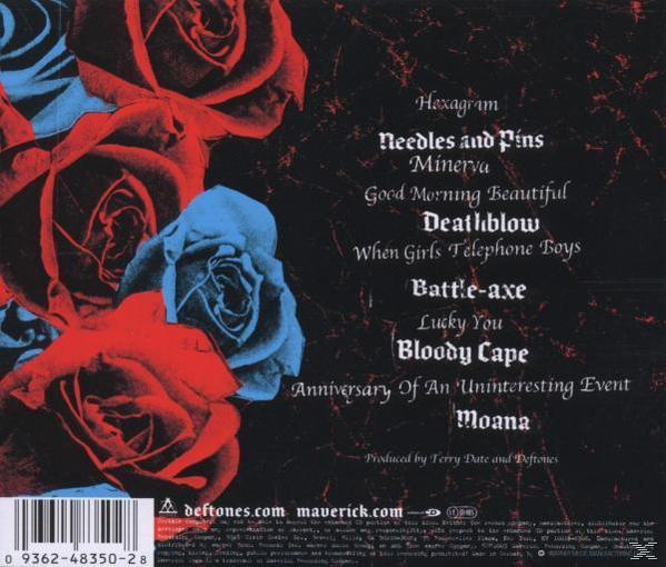 CD hátlap. Piros és kék rózsák. Számlista. Cím: Deftones. A szöveg fehér.