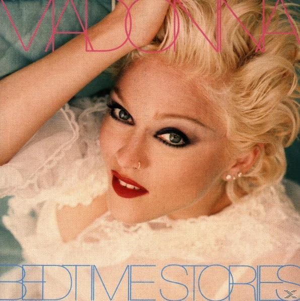 Madonna-Albumcover. Blondes Haar, rote Lippen, Blick nach oben. Rosa Text: Madonna, Bedtime Stories.