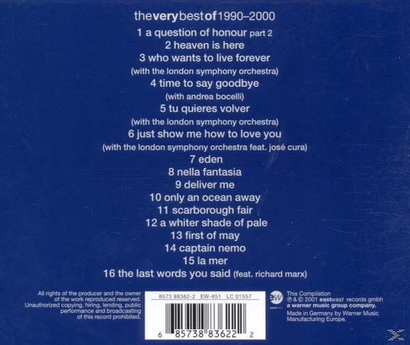 CD-Rückseite mit Titelliste. Blauer Hintergrund. Text: 'the very best of 1990-2000'.