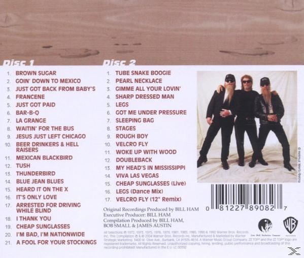 Rückseite eines ZZ Top-Albums mit Titellisten für zwei CDs und Fotos der Bandmitglieder.