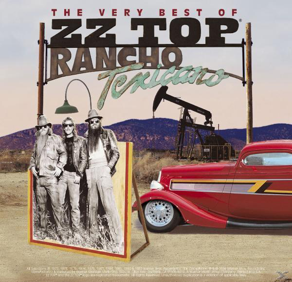 Albumcover mit ZZ Top, Auto und Schild. Rancho Texicano steht auf dem Schild.