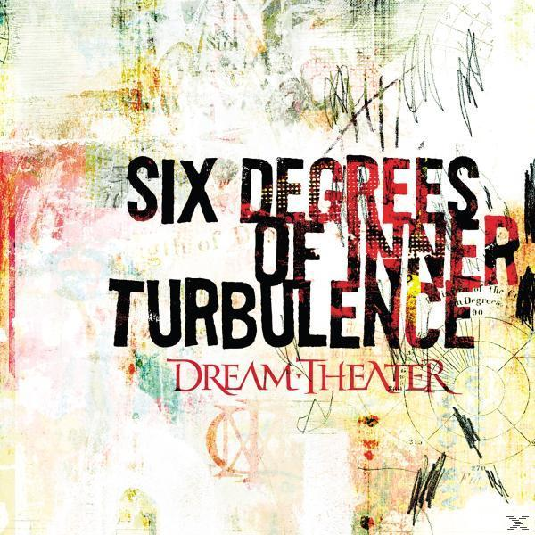 Album borító absztrakt dizájnnal és szöveggel: 'Six Degrees of Inner Turbulence' a Dream Theater-től.
