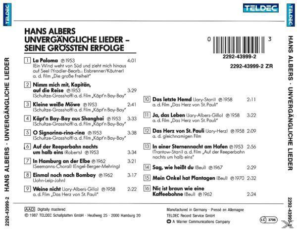 Rückseite, Hans Albers Album, schwarzer Text auf weißem Hintergrund. Titelliste, Songzeiten, TELDEC-Logo.