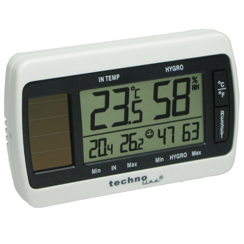 Ein digitales Thermostat mit einem Bildschirm, der Temperatur- und Feuchtigkeitsmesswerte anzeigt.