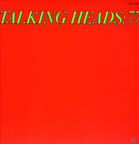Albumcover mit rotem Hintergrund und grünem Text: Talking Heads: 77.