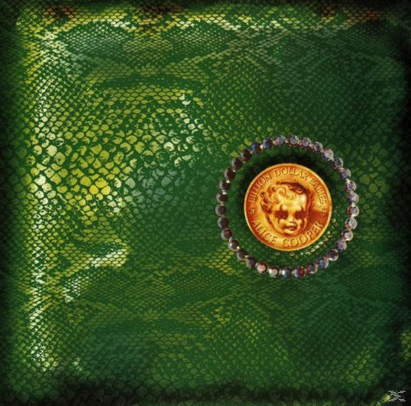 Albumcover: Goldmünze mit Gesicht, umgeben von Perlen, auf grünem Schlangenmuster-Hintergrund.