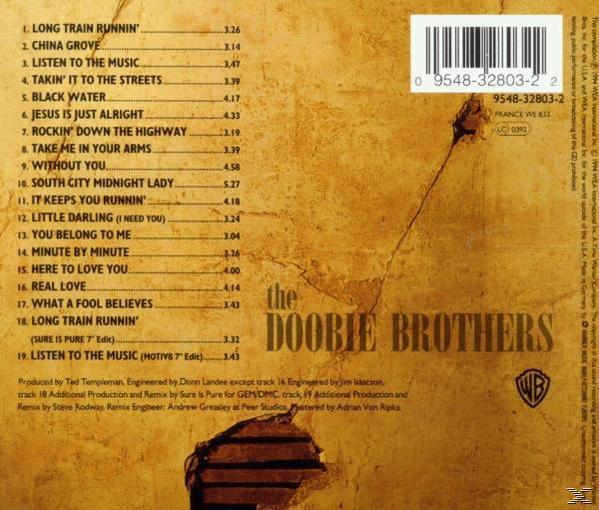 CD-Cover: The Doobie Brothers Album, mit Trackliste, abgenutztem Hintergrund und Warner Bros. Logo.