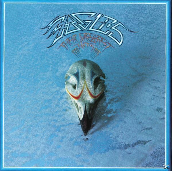 Albumcover von The Eagles, Totenkopf mit Text 'Their Greatest Hits' auf blauem Hintergrund.