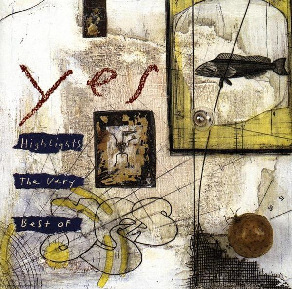 Albumcover-Kunst mit abstrakten Formen, einer Fischzeichnung und dem Wort "YES" in Rot.