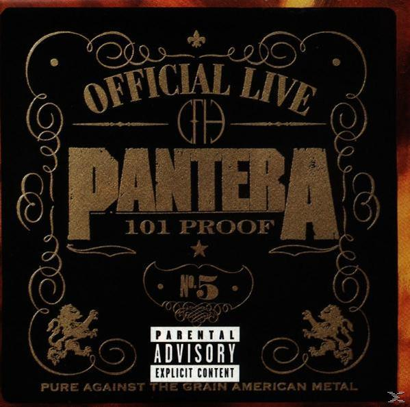 Schwarzes Quadrat mit goldenem Text, 'OFFICIAL LIVE PANTERA' und dem Parental Advisory-Logo.