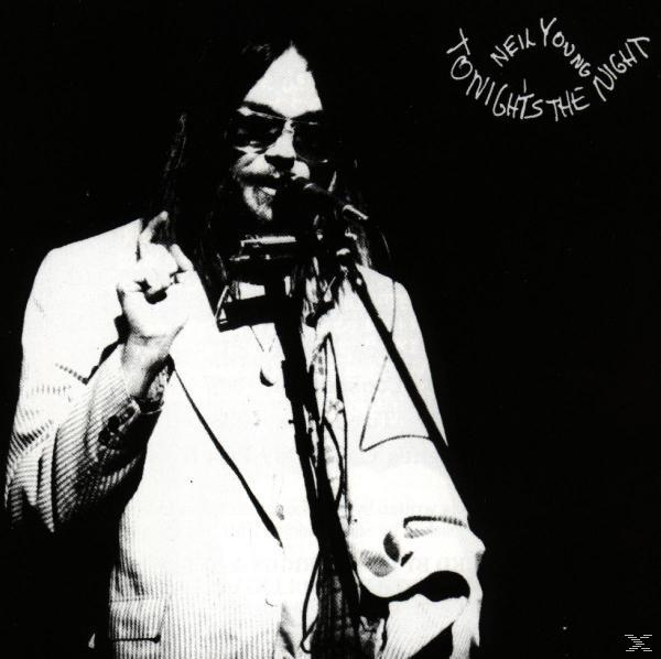 Albumcover: Neil Young singt. Schwarz-Weiß-Foto. Text: Tonight's the Night. Mikrofon.