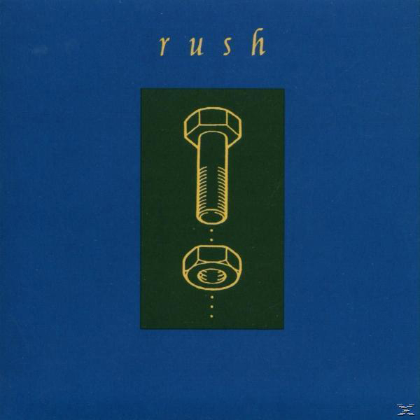 Rush Albumcover. Eine Schraube und Mutter sind mit einem grünen Rechteck auf blauem Hintergrund dargestellt. Das Wort 'rush' steht oben.