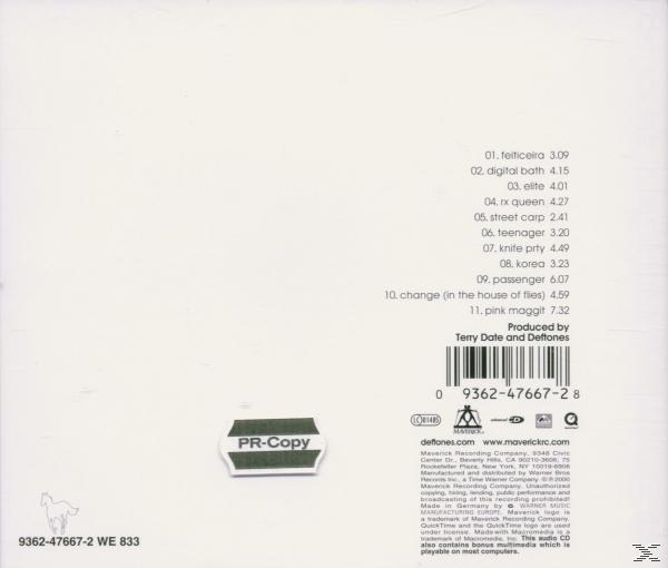 Rückseite des Albums mit Titelliste und Produktionsgutschriften. Das Album ist von Deftones.