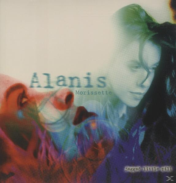 Albumcover: Alanis Morissettes "Jagged Little Pill". Gesichtsüberlagerungen mit Alanis' Bild und Albumtitel.