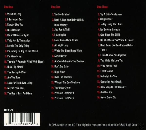 Albumcover mit Titeln unter 'Disc One', 'Disc Two' und 'Disc Three'. Mit Barcode und Copyright-Informationen.