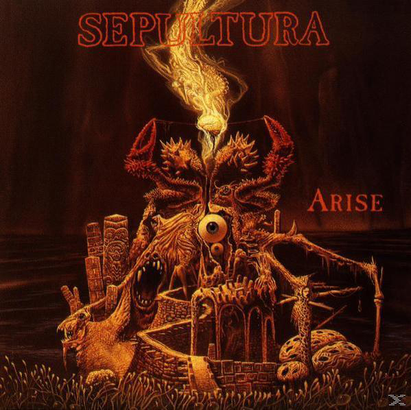 Albumcover für Sepulturas Arise. Zeigt ein feuriges Auge und ein Monster über einer Stadt. Dunkler Hintergrund.