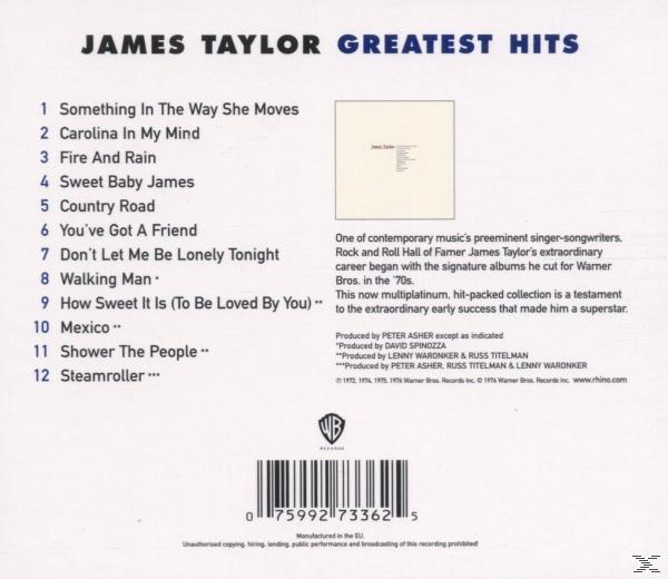 Album borító: James Taylor Greatest Hits album. Számlista és szöveg a jobb oldalon.