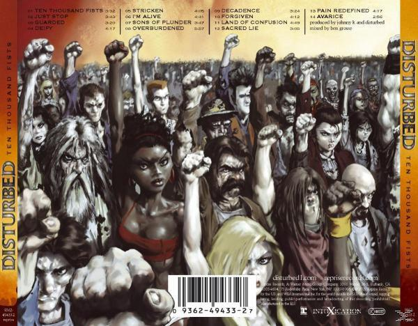 Albumcover für Disturbed's Album, Ten Thousand Fists. Eine Menschenmenge wird mit erhobenen Fäusten gezeigt.