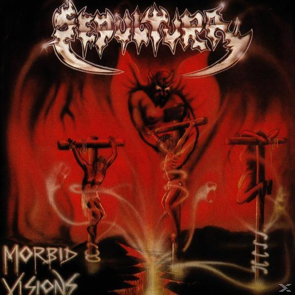 Albumcover für Sepulturas 'Morbid Visions'. Enthält Dämonen, Kreuzigungen und einen roten Hintergrund.
