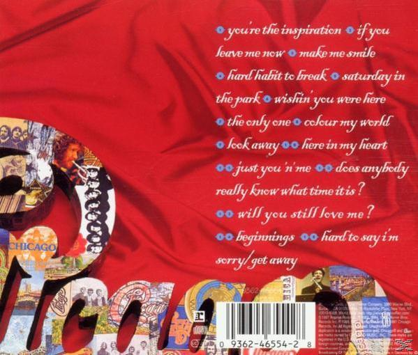 Rückseite des Chicago-Albums. Roter Hintergrund mit Songtiteln und Bandmitgliedernamen.