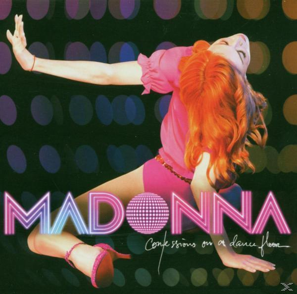 Madonna Albumcover. Frau in Rosa mit roten Haaren tanzt auf Tanzfläche.