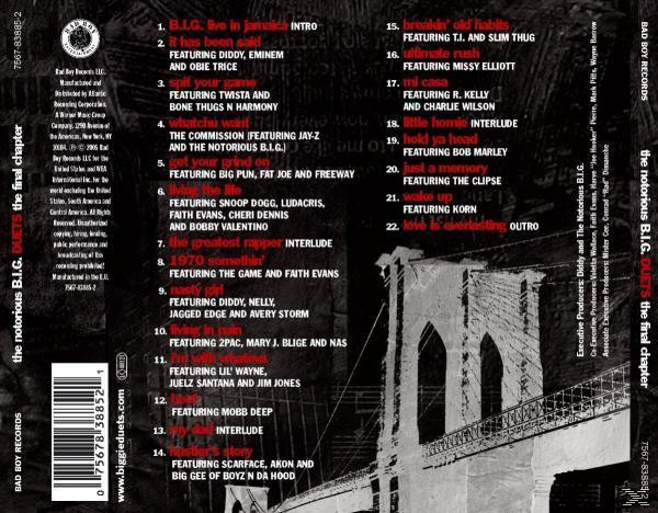 Album-Rückseite mit Titelliste, Text und einer Brückenillustration. Der Albumtitel lautet 'Duets: The Final Chapter'.