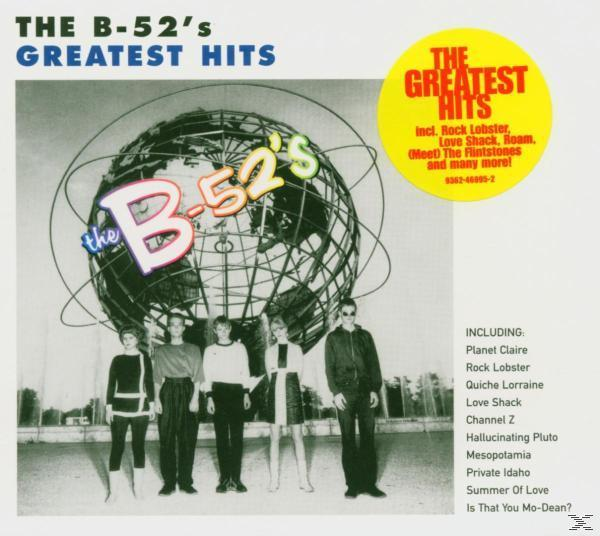 The B-52's Greatest Hits Albumcover. Menschen stehen vor einem Globus.