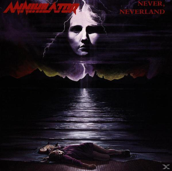 Albumcover. Ein Mädchen liegt auf dem Boden. Ein Gesicht mit Blitzen. Text: Never, Neverland.