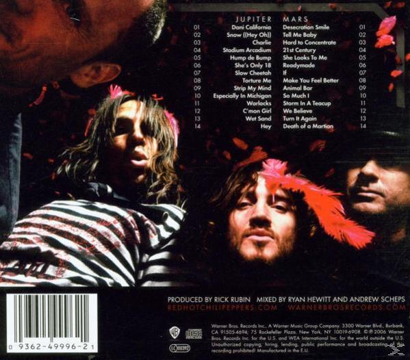 Red Hot Chili Peppers CD borító, tagok rózsaszín tollakkal, dalcímek.