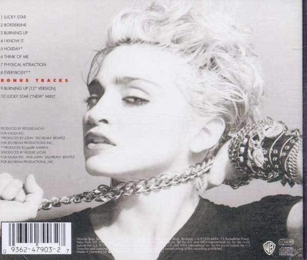 Madonna auf einem CD-Cover. Sie hält eine Kette. Text: Lucky Star, Holiday, Burning Up und mehr.