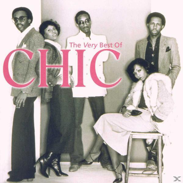 The Very Best Of Chic CD-Cover. Chic-Bandmitglieder in verschiedenen Posen. Rosa Text.