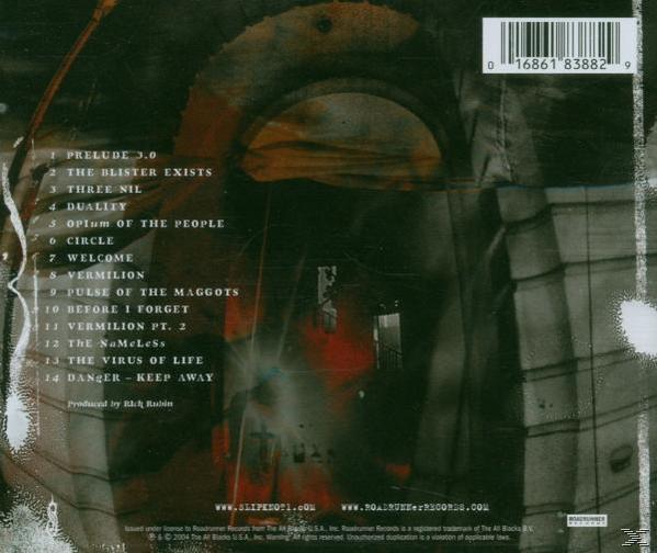 CD-Cover mit Titelliste, dunklem, abstraktem Hintergrund und Bandinfo.