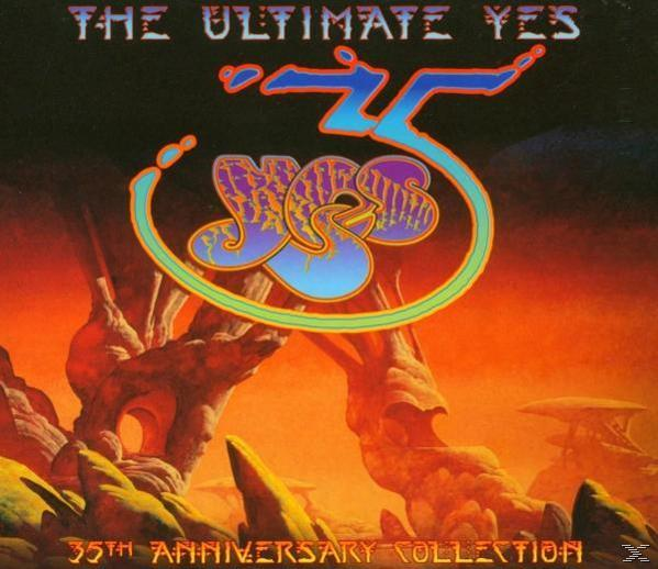 Albumcover mit dem Bandnamen 'Yes' in einem stilisierten Logo über einer orangefarbenen, surrealen Landschaft.