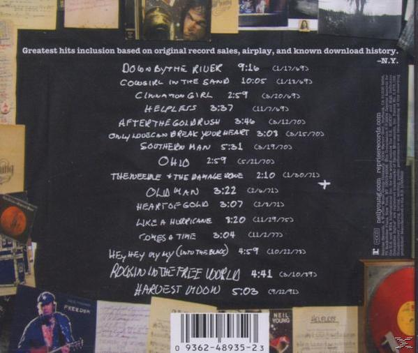 Albumcover mit handschriftlichen Notizen und Neil Youngs Titelliste.