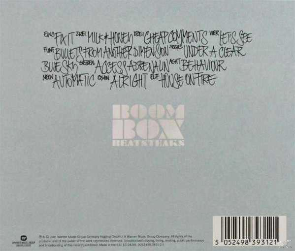 CD-Cover mit einer Titelliste im Graffiti-Stil. Boombox-Bild am unteren Rand des Covers.