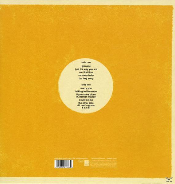 Album-Rückseite. Gelber Hintergrund mit Songtiteln in einem weißen Kreis. Text in einem Kreis.