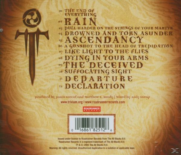 Album-Rückseite mit Titelliste, einem Symbol und Text. Der Albumtitel lautet 'Ascendancy'.
