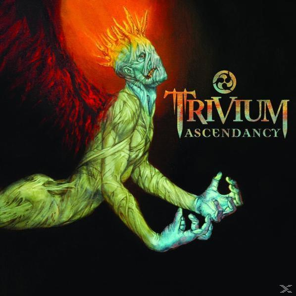 Trivium Ascendancy Albumcover: Eine Figur mit Flügeln und grünem Gesicht auf dunklem Hintergrund.