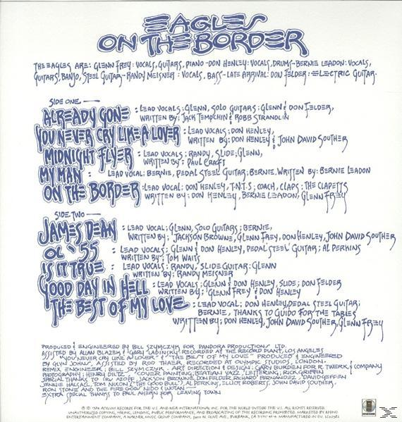 Achterkant van de albumhoes. The Eagles' On the Border. Songtitels, credits en muzikantgegevens. Blauw handschrift.