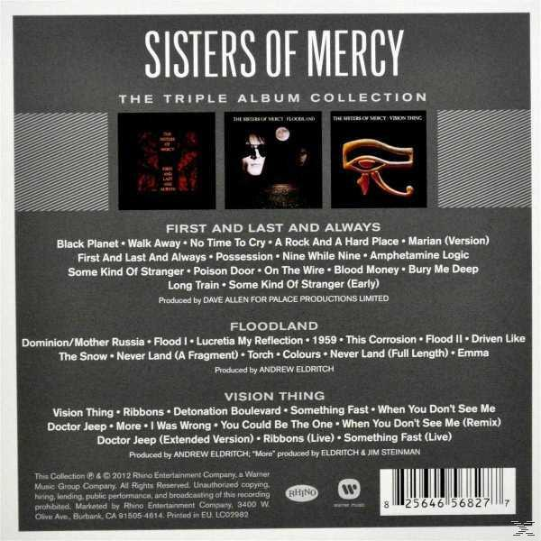 CD-Cover mit drei Albumcovern. Titel: Sisters of Mercy. Schwarzer Hintergrund mit Text und Albumkunst.