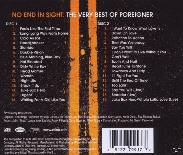 CD-Cover: The very best of Foreigner, mit Songtiteln. Der Hintergrund zeigt eine Straßenstruktur.