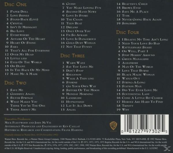 CD-Rückseite mit mehreren Titellisten für verschiedene Discs. Dunkler Hintergrund. WB- und Warner Bros.-Logo.