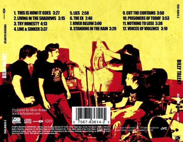 CD-Rückseite mit einer Band auf der Bühne, mit Text und gelb-rotem Hintergrund.