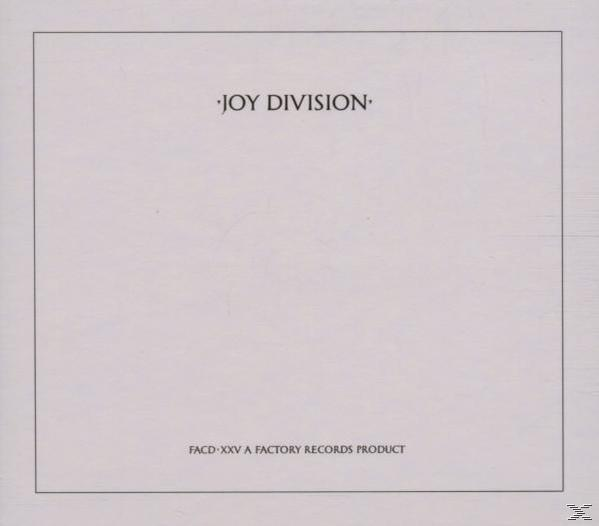 Albumcover mit dem Text Joy Division. Weißer Hintergrund. Faced XXV ein Factory Records Produkt.