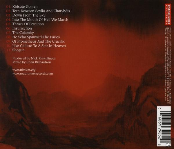 Roter Albumrücken mit Text und Logo. Album von Trivium, mit Songtiteln.