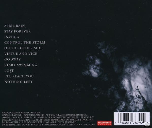 Schwarzes Albumcover mit Songtiteln. Weißer Text. Dunkler Hintergrund.