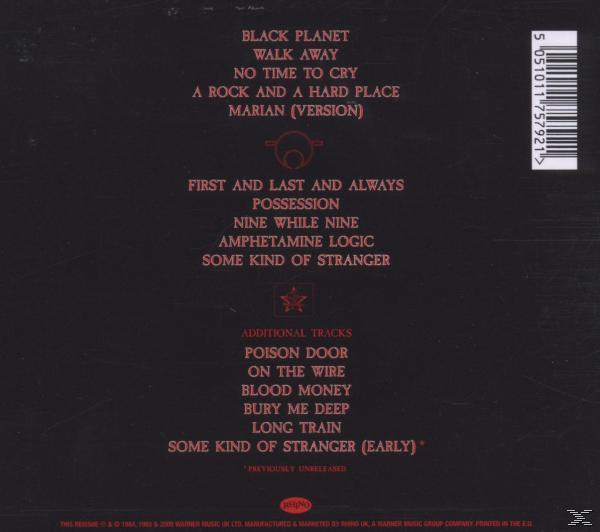 Albumcover. Text listet Songs wie 'Black Planet' und 'Poison Door' auf. Schwarzer Hintergrund, roter Text.